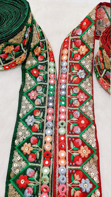 Floral Embroidered Velvet Trim Indian Sari Border, Sequin Trimming, Sequinned Lace